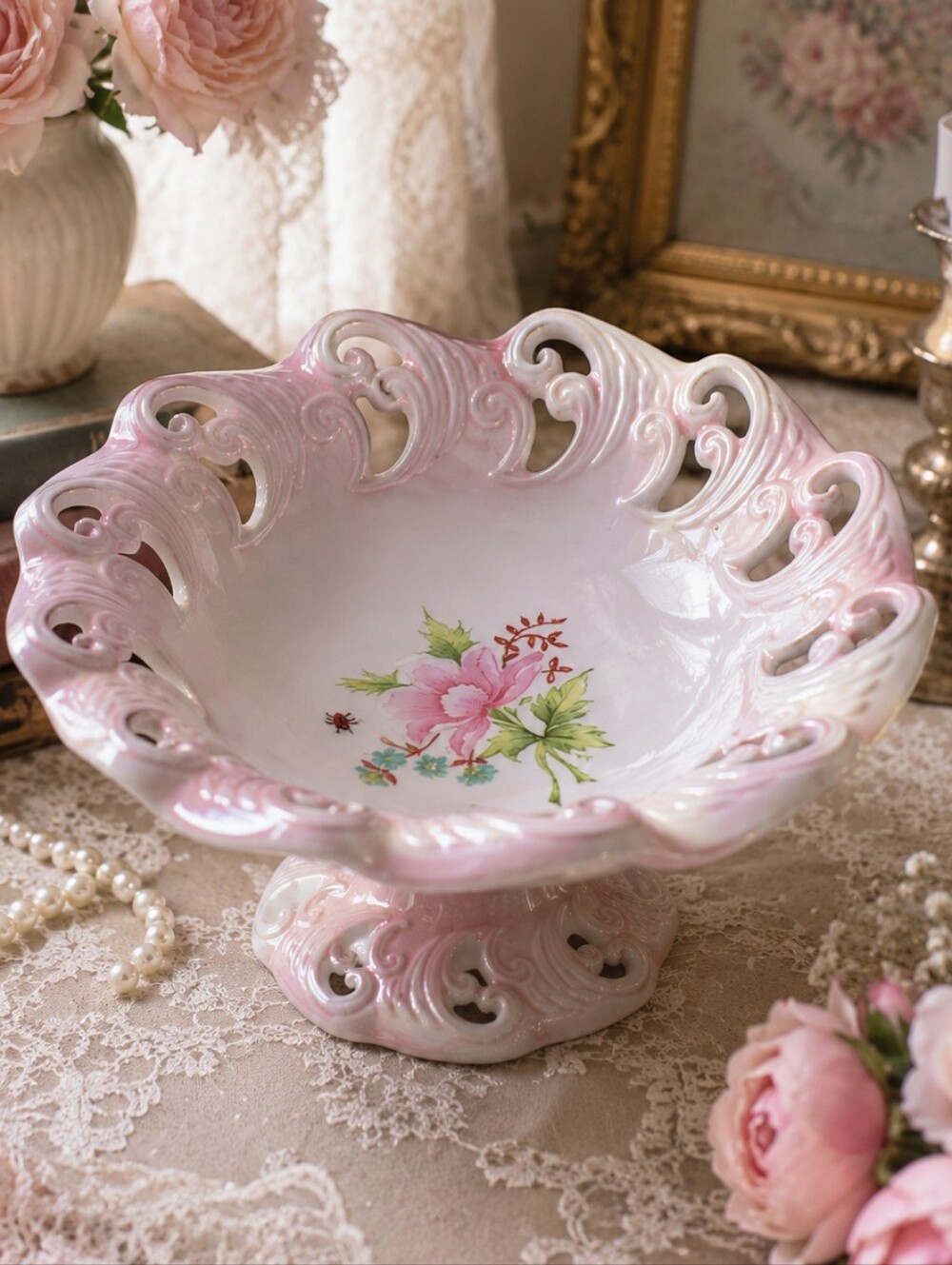 Vintage Pink Lusterware Reticulated Pedestal Bowl Cottagecore Shabby Chic Floral